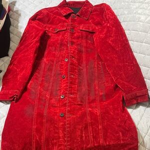 Men's Red Velvet Trench Coat - Classic Button Front